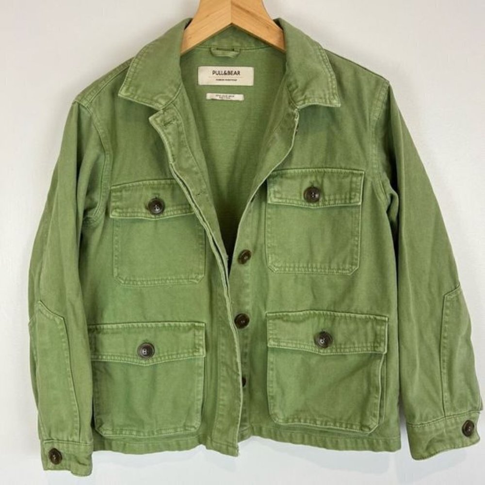 Pull&Bear Women’s XS Green Cotton Active Utility Army Jacket Coat Multi Pocket